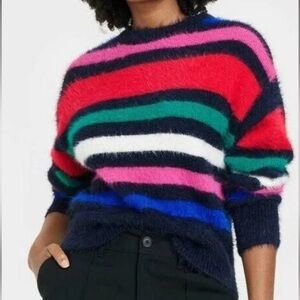 EUC A New Day Women's Crewneck Fuzzy Pullover sweater Multicolor Stripe